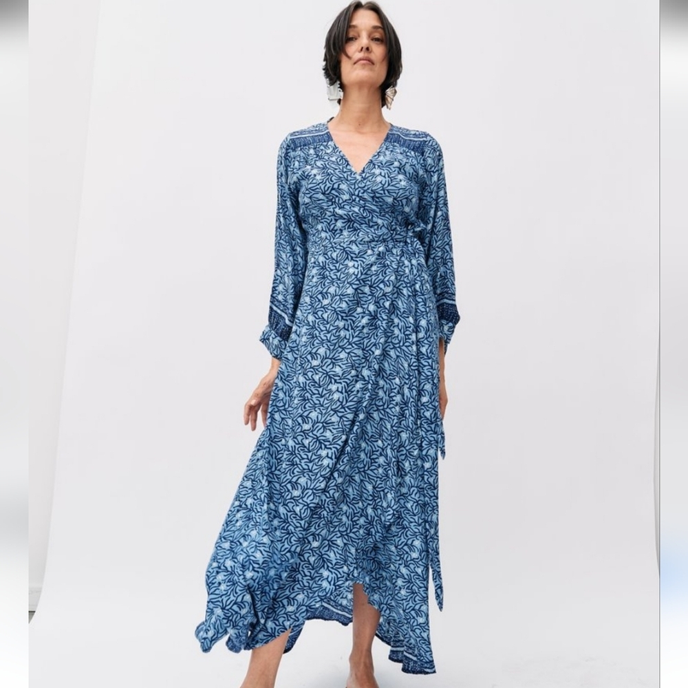 Natalie Martin Silk Patterned Wrap Long Sleeve Dress with V-Neck Sz XS